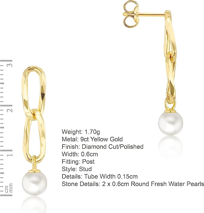 9ct Yellow Gold Textured Double Link with Drop Pearl Earrings - NiaYou Jewellery