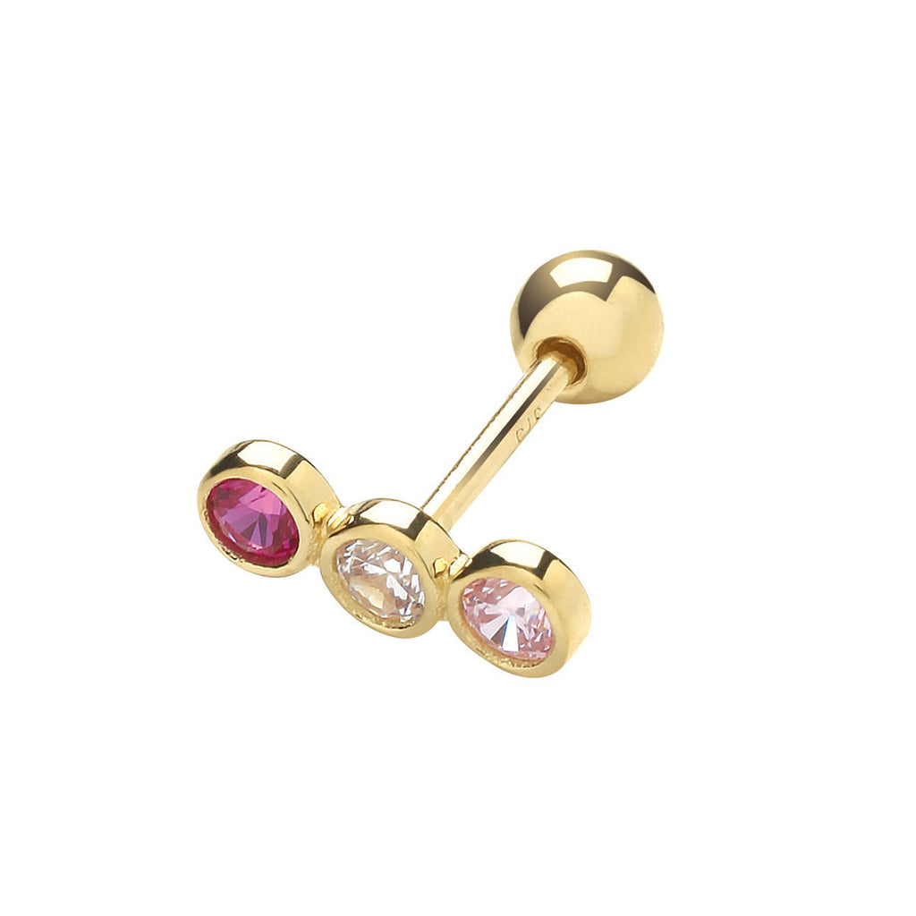 9ct Yellow Gold Three Cubic Zirconia Purple Pink Clear Cartilage Stud - NiaYou Jewellery