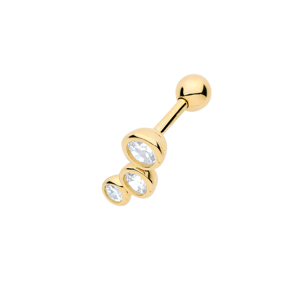 9ct Yellow Gold Three CZ Rubover Right Cartilage Piercing Stud Earring 6MM - NiaYou Jewellery