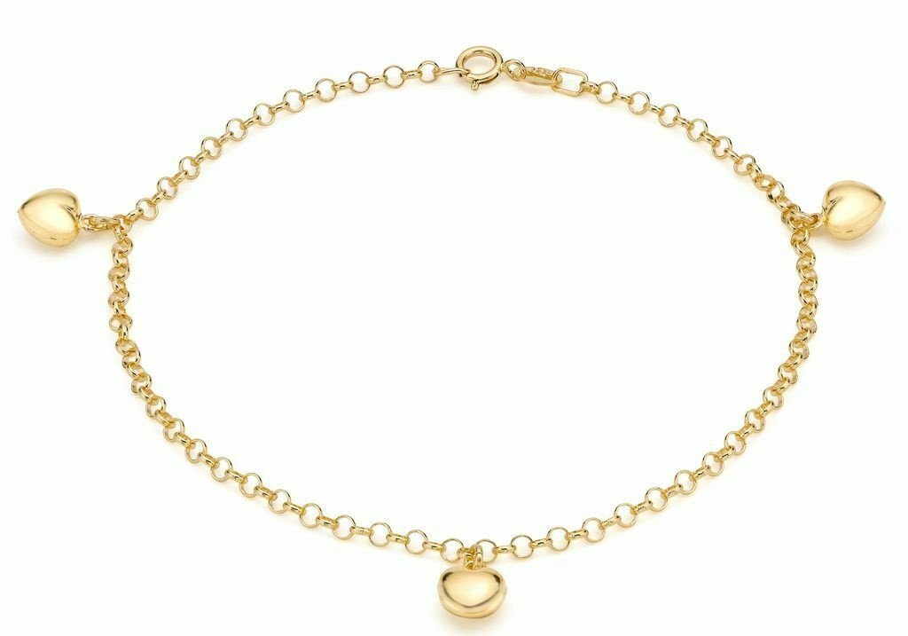 9ct Yellow Gold Three Heart Belcher Bracelet 18cm - NiaYou Jewellery