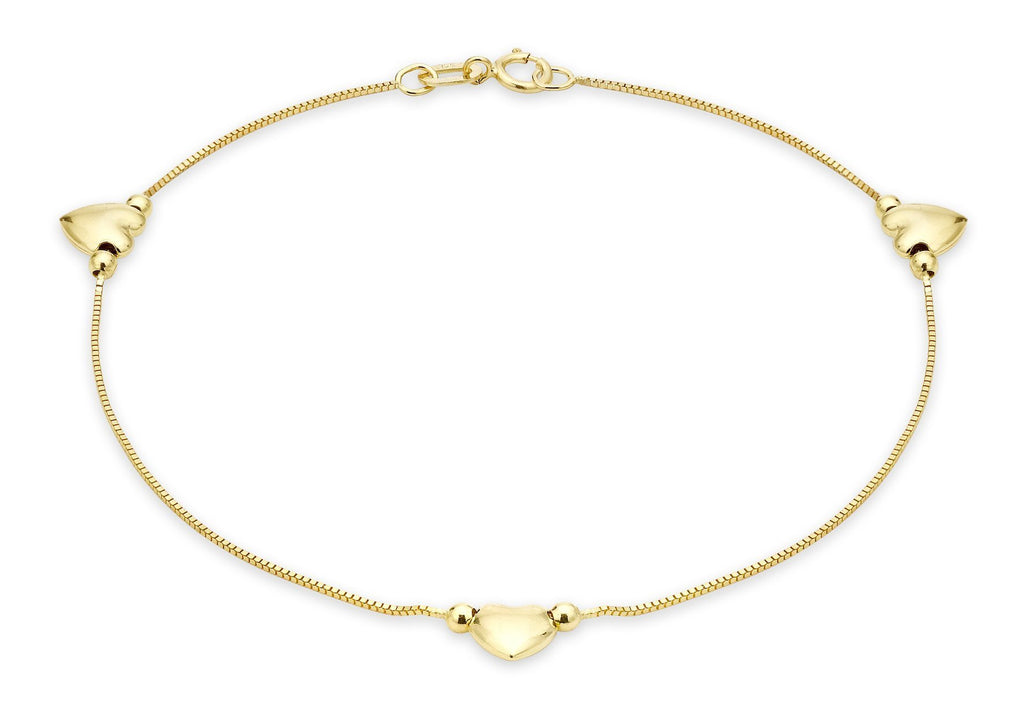9ct Yellow Gold Three Heart Charm Box Chain Bracelet - NiaYou Jewellery
