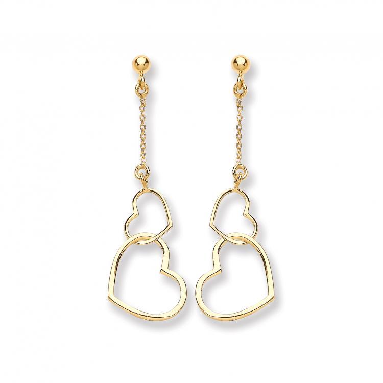 9ct Yellow Gold Two Interlinked Heart Drop Earrings - NiaYou Jewellery