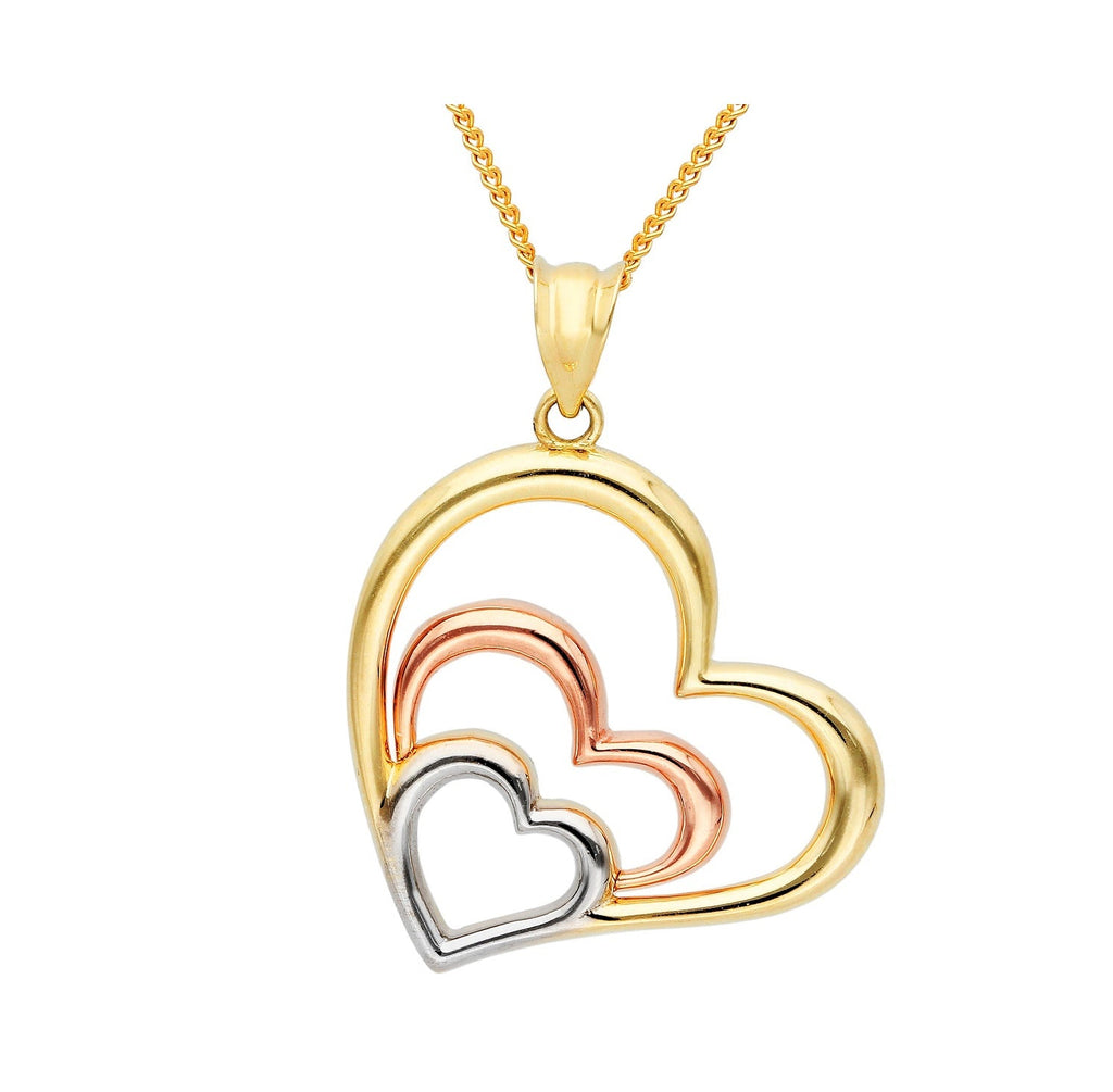 9ct Yellow, Rose and White Gold Three Heart Pendant - NiaYou Jewellery