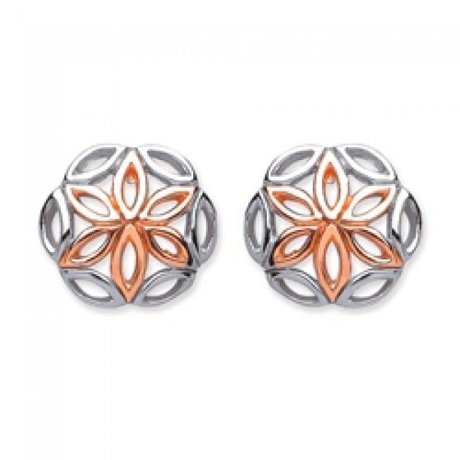 Silver 925 and Rose Gold Plated Cut Out Flower Round Stud Earrings - NiaYou Jewellery