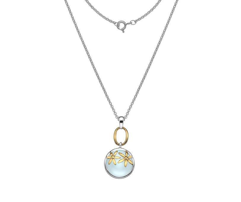 Silver 925 Aqua Chalcedony Round Pendant with Gold Vermeil Flowers - NiaYou Jewellery