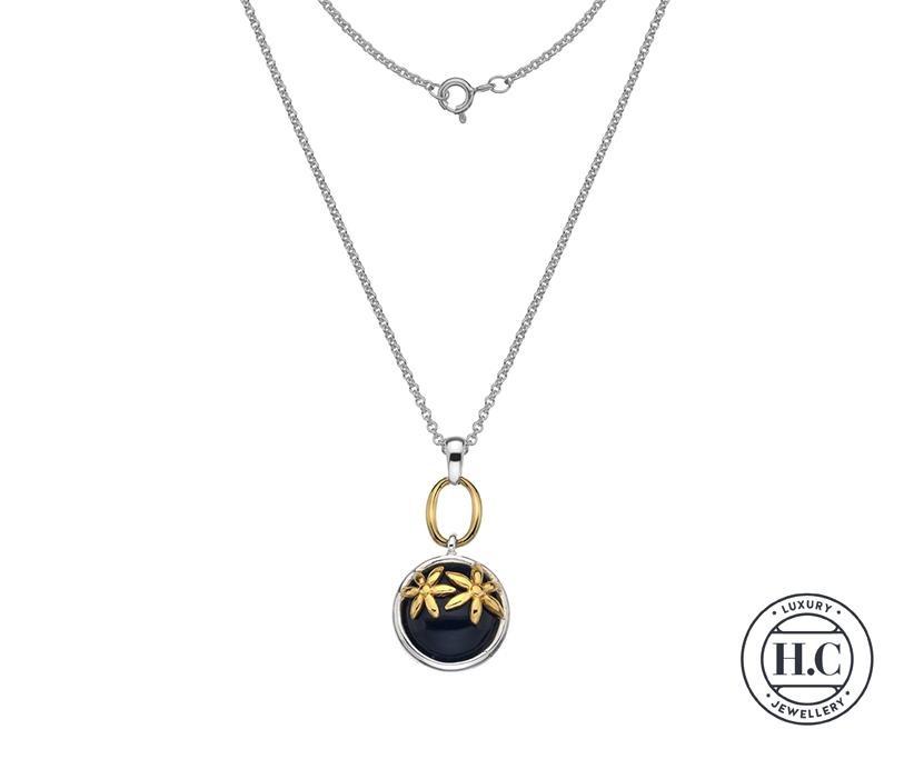 Silver 925 Black Onyx Round Pendant with Gold Vermeil Flowers - NiaYou Jewellery