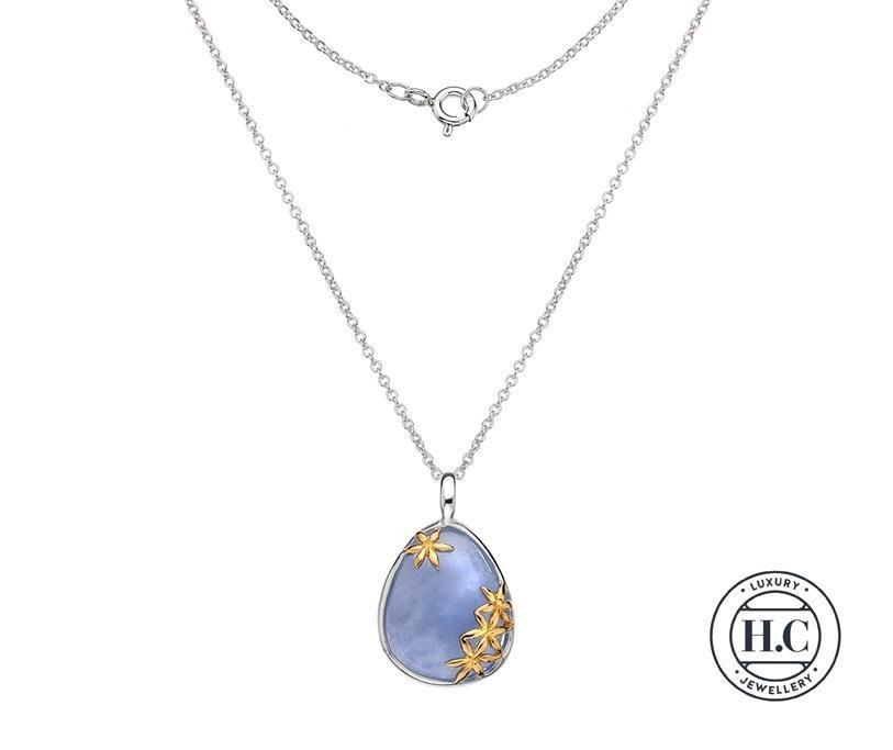Silver 925 Blue Chalcedony Teardrop Pendant with Gold Vermeil Flowers - NiaYou Jewellery