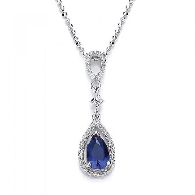 Silver 925 Blue Sapphire Cubic Zirconia Oval Drop Pendant - NiaYou Jewellery