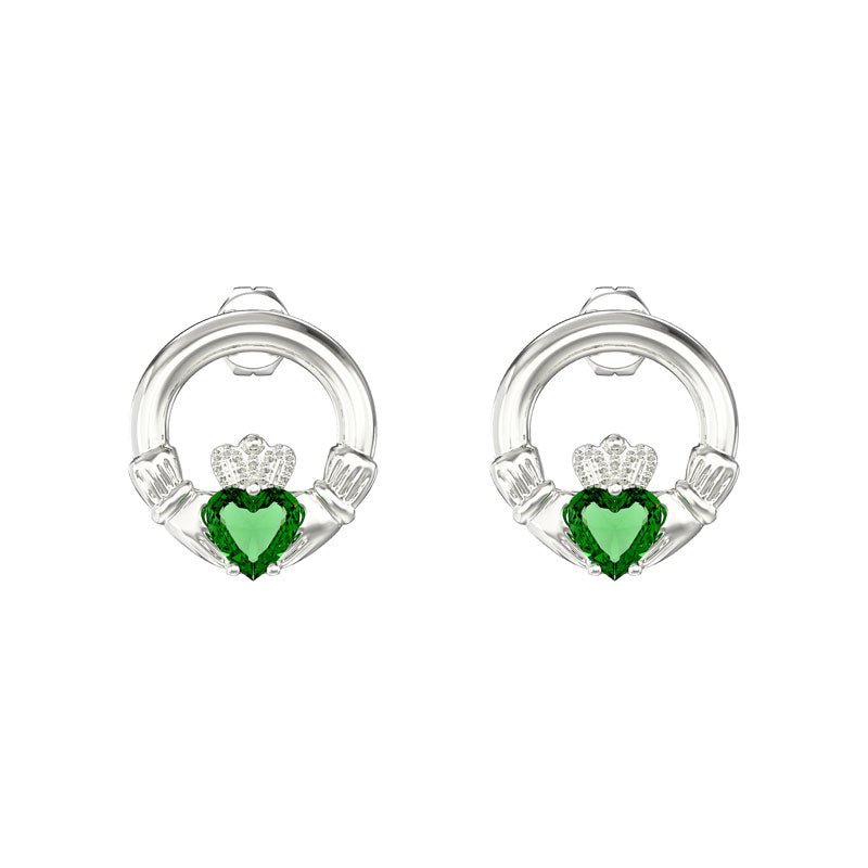 Silver 925 Claddagh Stud Earrings with Green CZ - NiaYou Jewellery