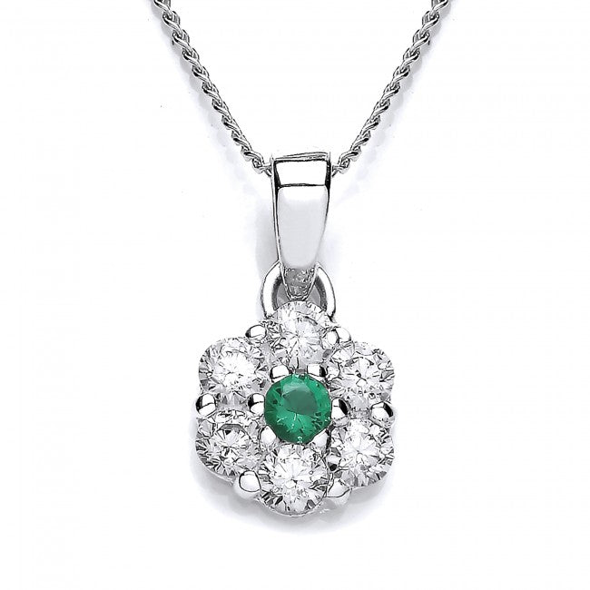 Silver 925 Clear and Green Cubic Zirconia Cluster Flower Pendant - NiaYou Jewellery