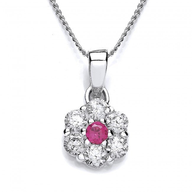 Silver 925 Clear and Red Cubic Zirconia Cluster Flower Pendant - NiaYou Jewellery