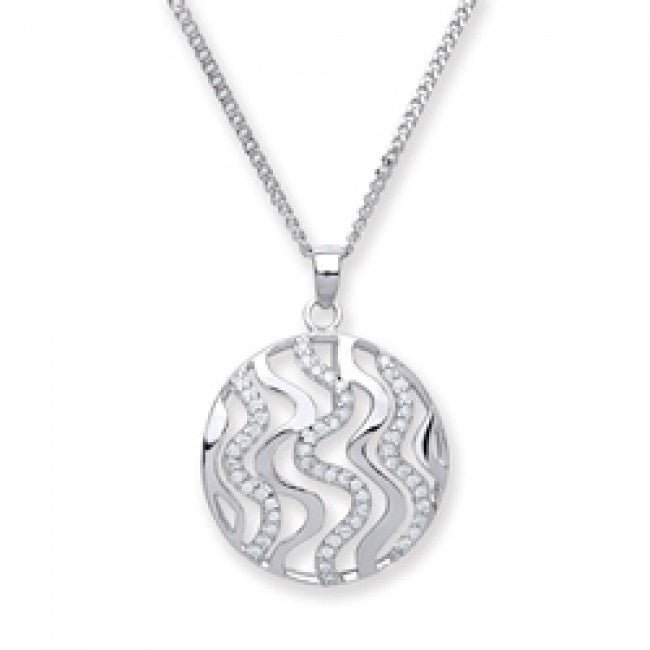 Silver 925 Cubic Zirconia Round Wave Pendant Necklace - NiaYou Jewellery