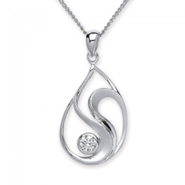 Silver 925 CZ Polished and Matt Swirl Pear Drop Pendant - NiaYou Jewellery