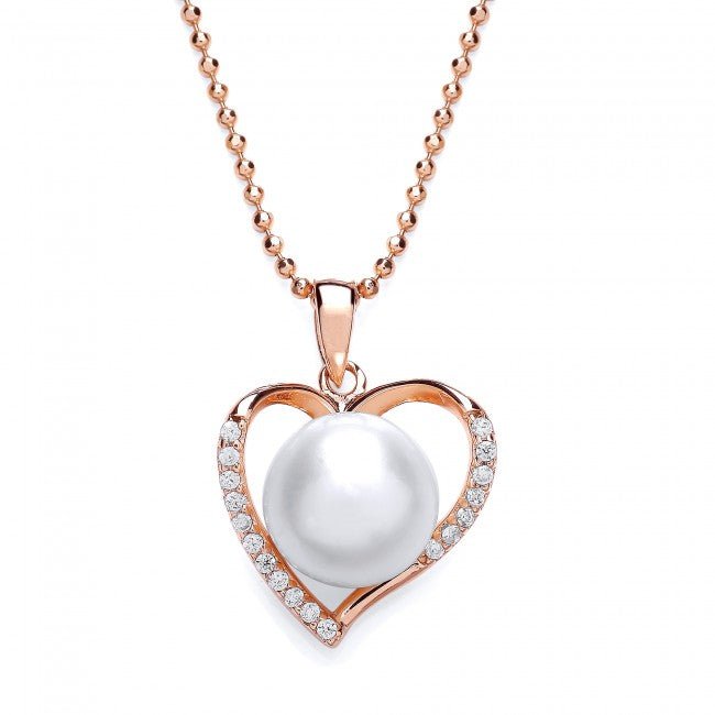 Silver 925 CZ Rose Gold Open Heart Pendant with Freshwater Pearl - NiaYou Jewellery