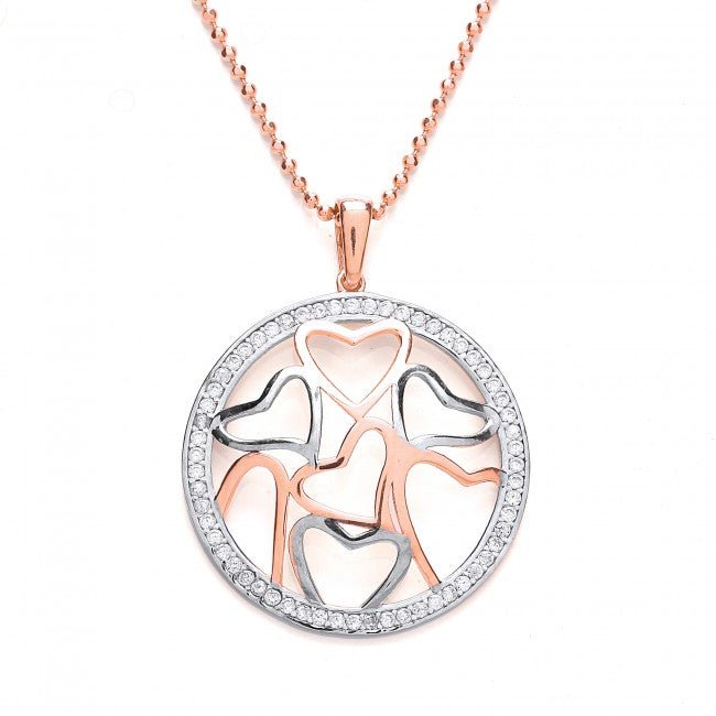 Silver 925 CZ Rose Gold Round Pendant with Hearts - NiaYou Jewellery