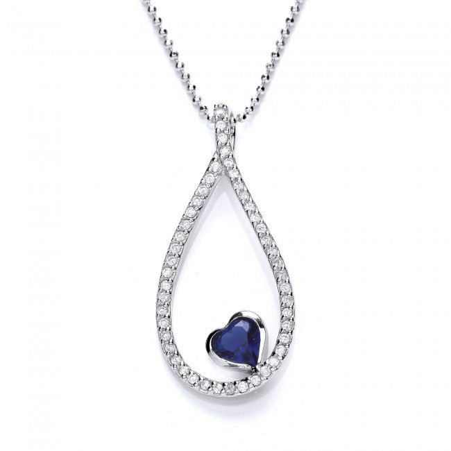 Silver 925 CZ Teardrop Pendant with Blue Sapphire Heart - NiaYou Jewellery