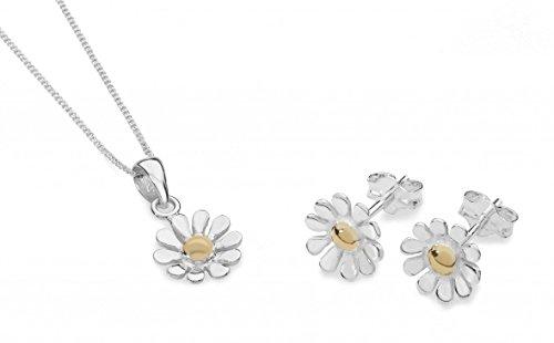 Silver 925 Daisy Gold Plated Pendant and Stud Earrings - NiaYou Jewellery