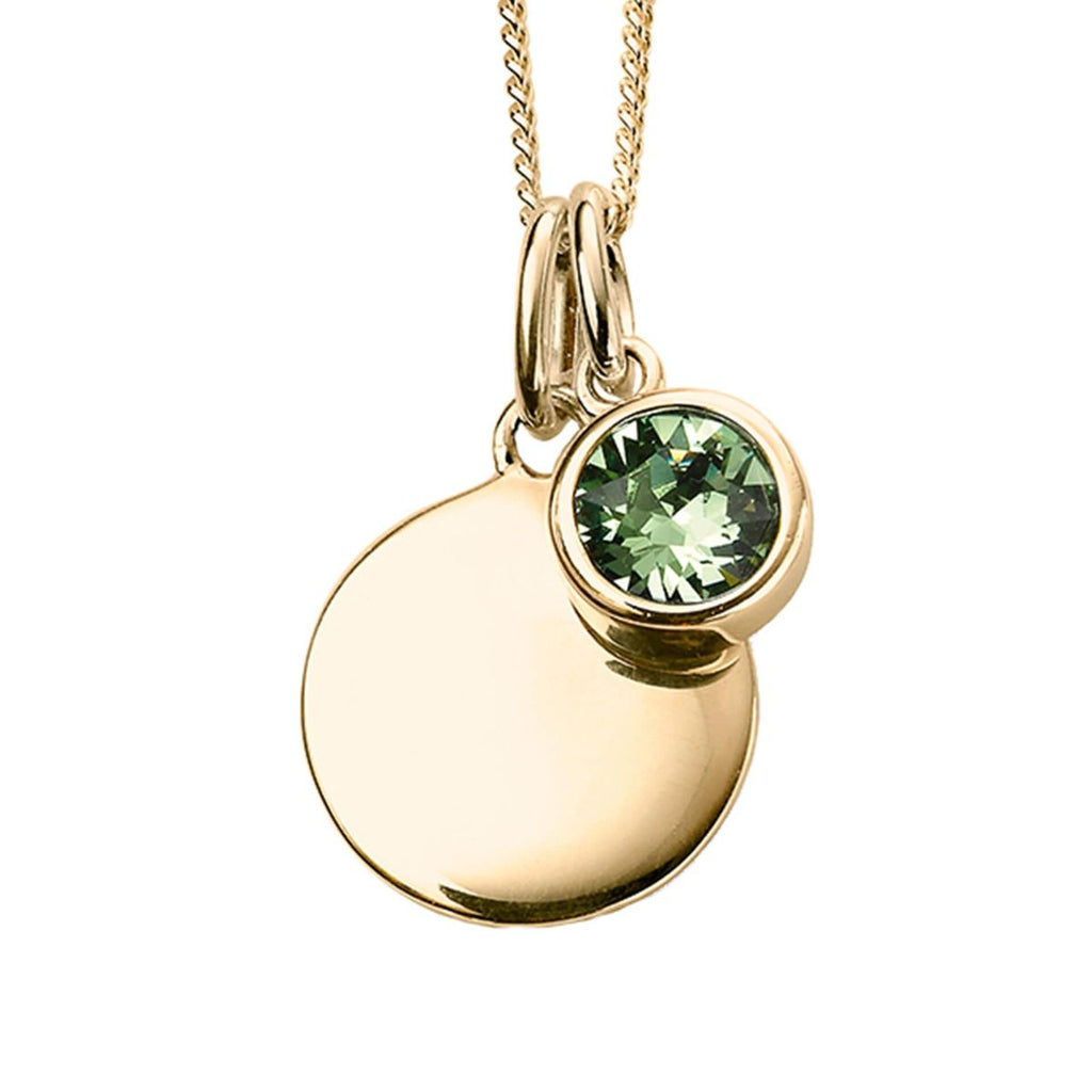 Silver 925 Gold Plated CZ Birthstone and Disc Pendant Necklace - August - Free Engraving - NiaYou Jewellery
