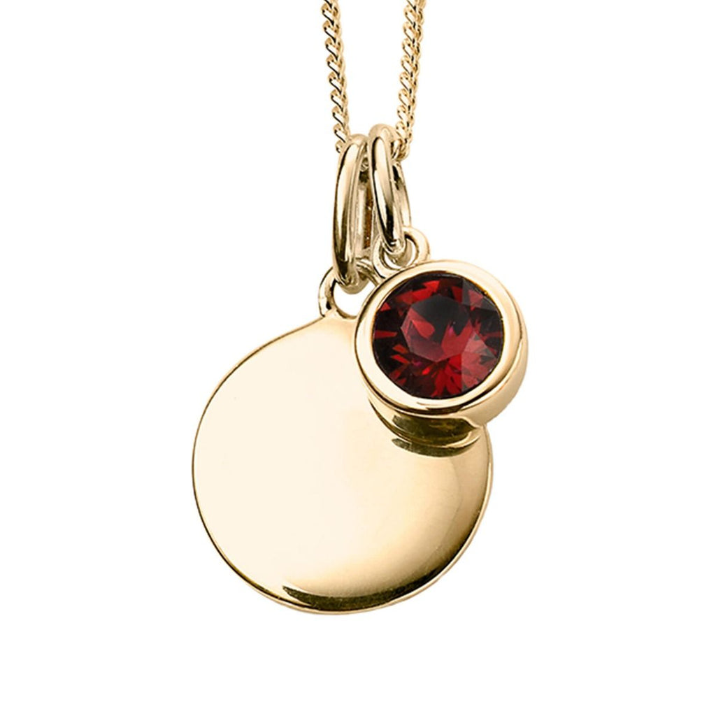 Silver 925 Gold Plated CZ Birthstone and Disc Pendant Necklace - January - Free Engraving - NiaYou Jewellery