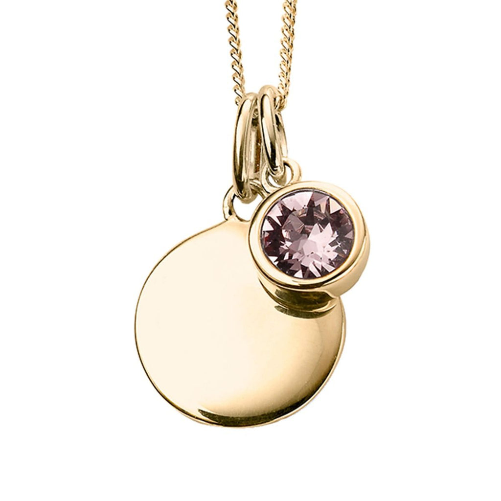 Silver 925 Gold Plated CZ Birthstone and Disc Pendant Necklace - June - Free Engraving - NiaYou Jewellery