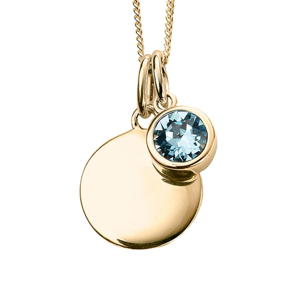 Silver 925 Gold Plated CZ Birthstone and Disc Pendant Necklace - March - Free Engraving - NiaYou Jewellery