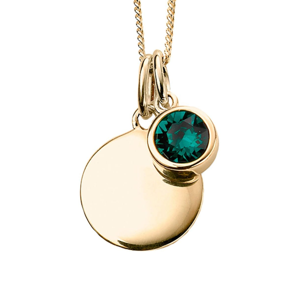 Silver 925 Gold Plated CZ Birthstone and Disc Pendant Necklace - May - Free Engraving - NiaYou Jewellery