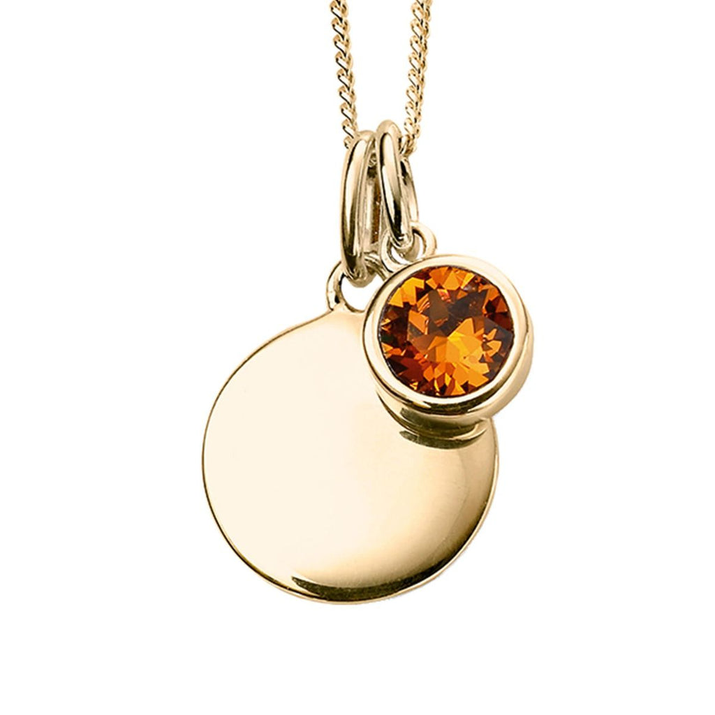 Silver 925 Gold Plated CZ Birthstone and Disc Pendant Necklace - November - Free Engraving - NiaYou Jewellery