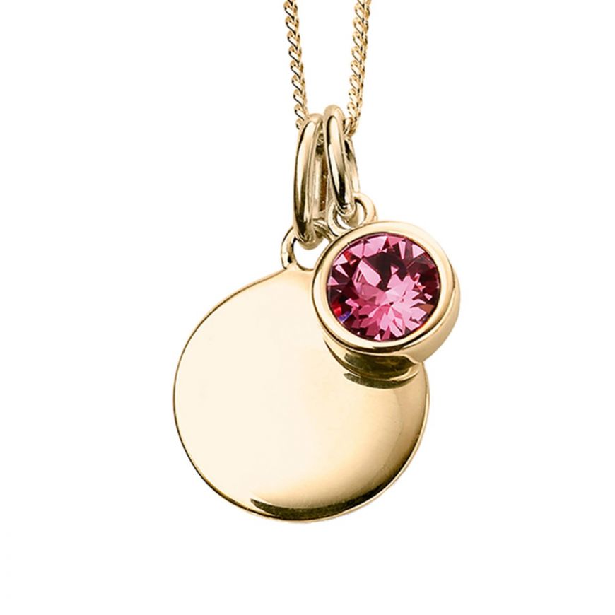 Silver 925 Gold Plated CZ Birthstone and Disc Pendant Necklace - October - Free Engraving - NiaYou Jewellery