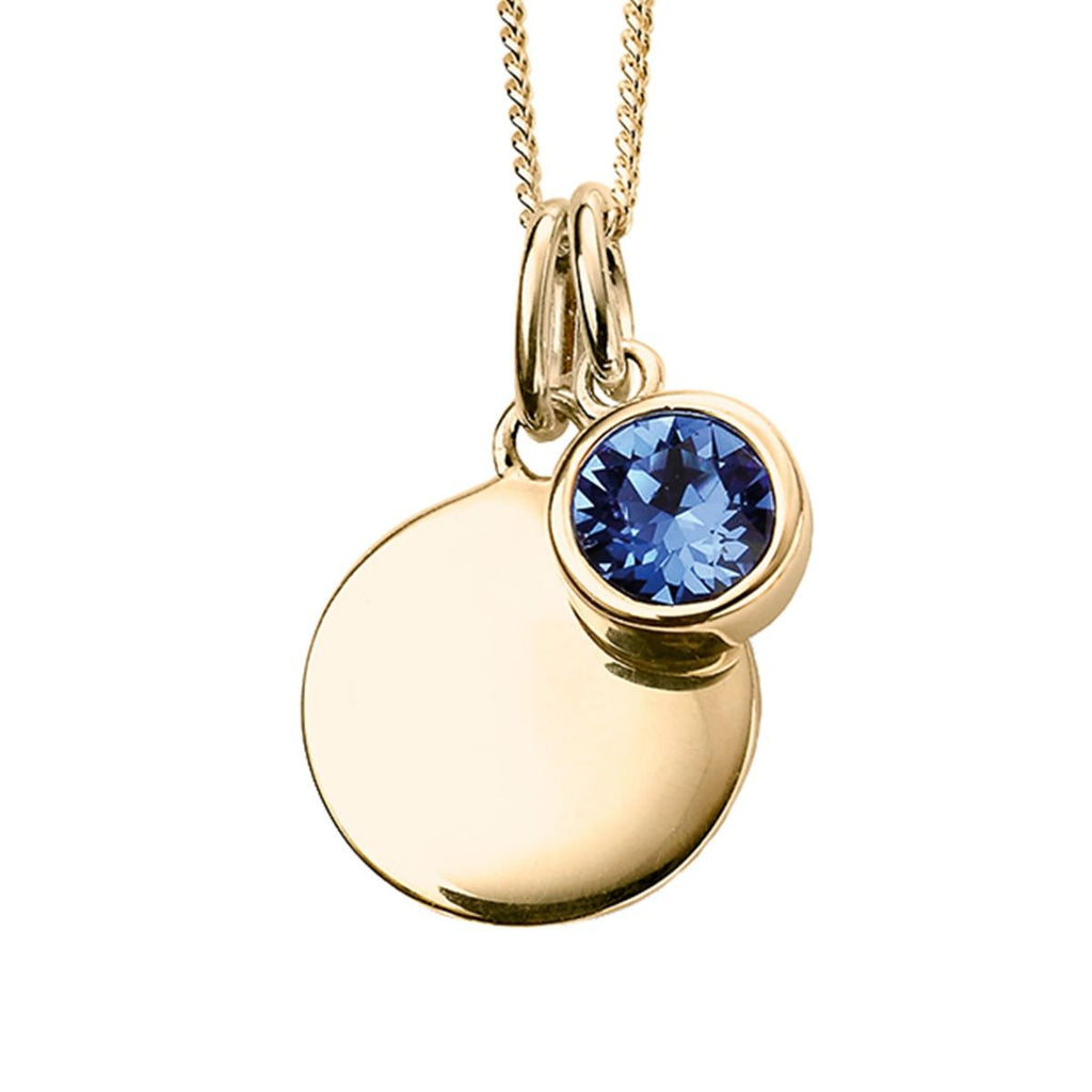 Silver 925 Gold Plated CZ Birthstone and Disc Pendant Necklace - September - Free Engraving - NiaYou Jewellery