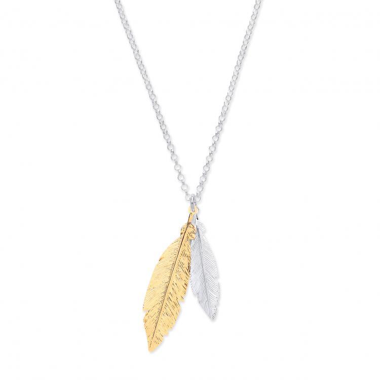 Silver 925 Gold Plated Two Feather Pendant Necklace - NiaYou Jewellery