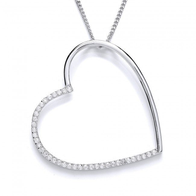 Silver 925 Half Cubic Zirconia Large Open Heart Pendant with Chain 56 cm - NiaYou Jewellery