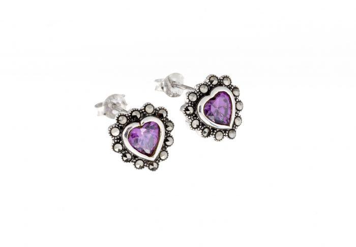 Silver 925 Marcasite Heart Studs with Purple Cubic Zirconia - NiaYou Jewellery