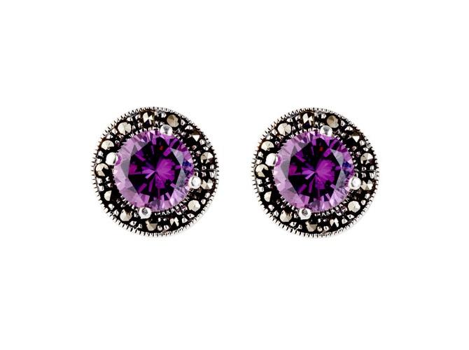 Silver 925 Marcasite Round Stud Earrings with Purple Cubic Zirconia - NiaYou Jewellery