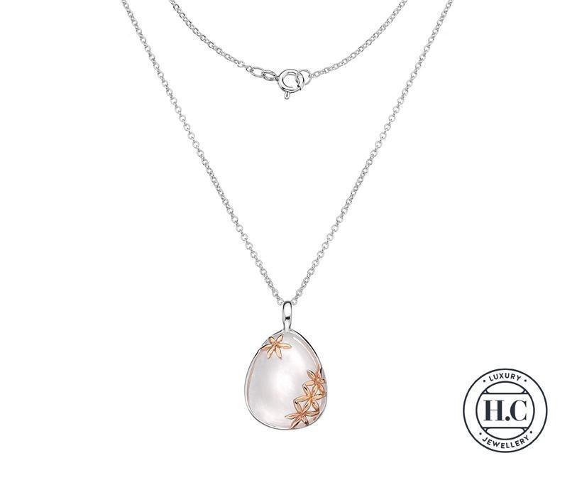 Silver 925 Mother of Pearl Teardrop Pendant with Rose Gold Vermeil Flowers - NiaYou Jewellery