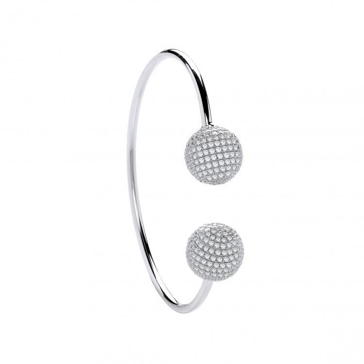 Silver 925 Pave Cubic Zirconia Balls Torque Bangle - NiaYou Jewellery