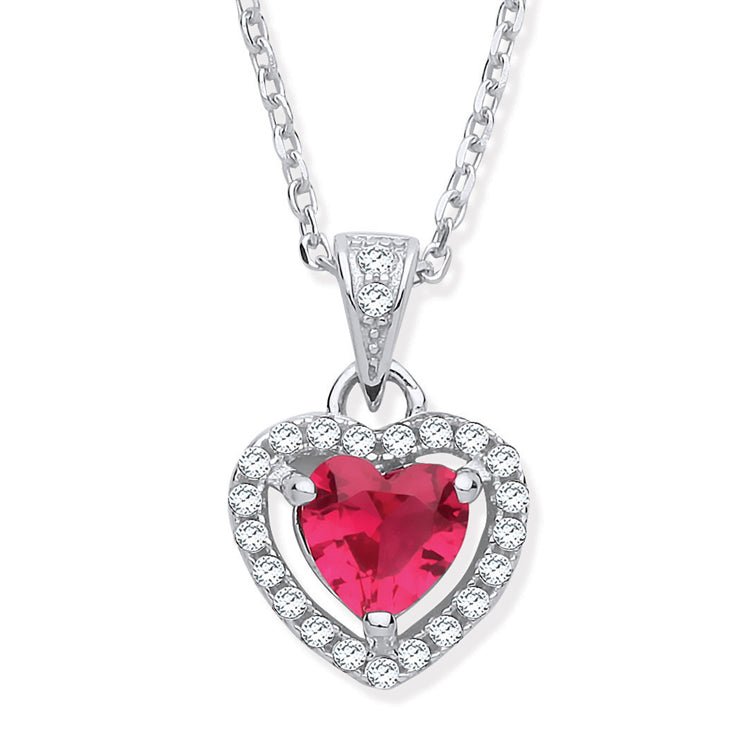 Silver 925 Red Ruby CZ Halo Heart Pendant Necklace - NiaYou Jewellery