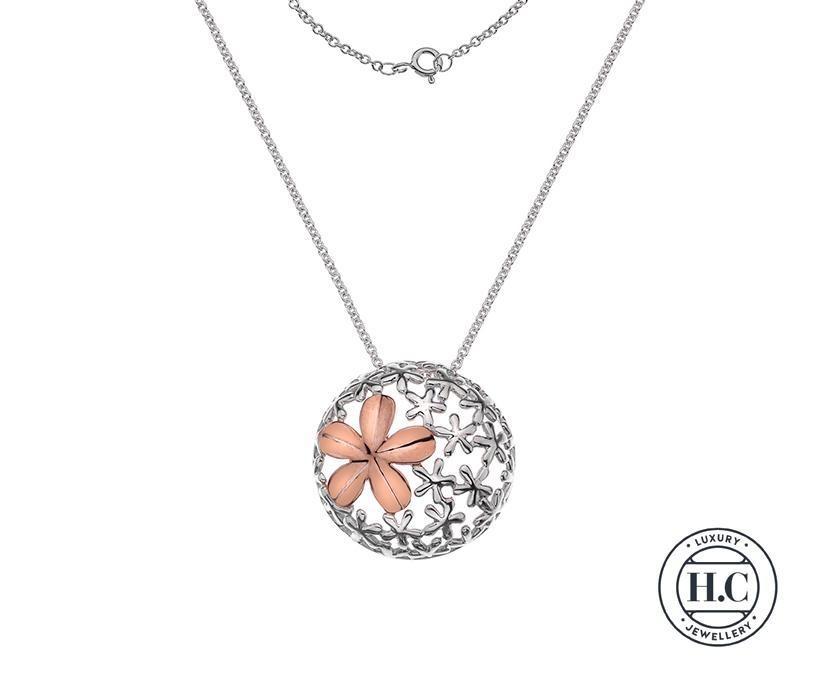 Silver 925 Rose Gold Domed Pendant with Cut Out Flowers - NiaYou Jewellery