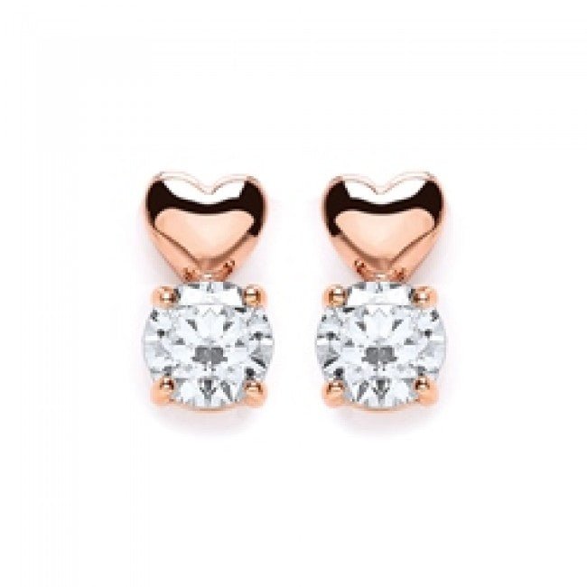 Silver 925 Rose Gold Heart and Round Cubic Zirconia Stud Earrings - NiaYou Jewellery
