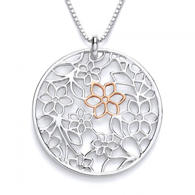 Silver 925 Rose Gold Round Large Pendant with Cut Out Flowers - NiaYou Jewellery