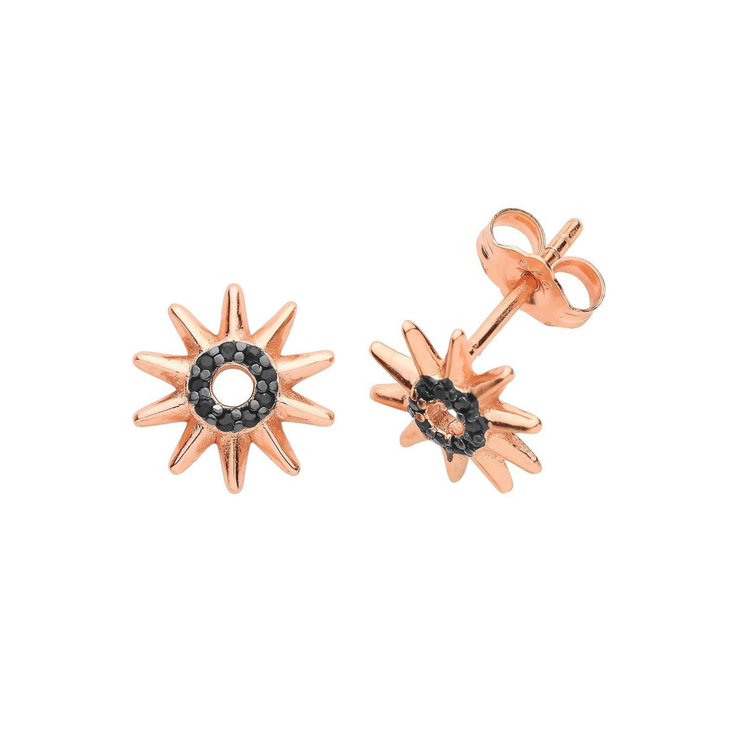 Silver 925 Rose Gold Vermeil Sun Star Stud Earrings with Black Cz - NiaYou Jewellery