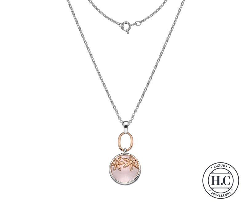 Silver 925 Rose Quartz Round Pendant with Rose Gold Vermeil Flowers - NiaYou Jewellery