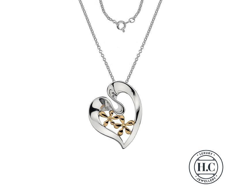 Silver 925 Swirl Heart with Gold Plated Flowers Pendant Necklace - NiaYou Jewellery