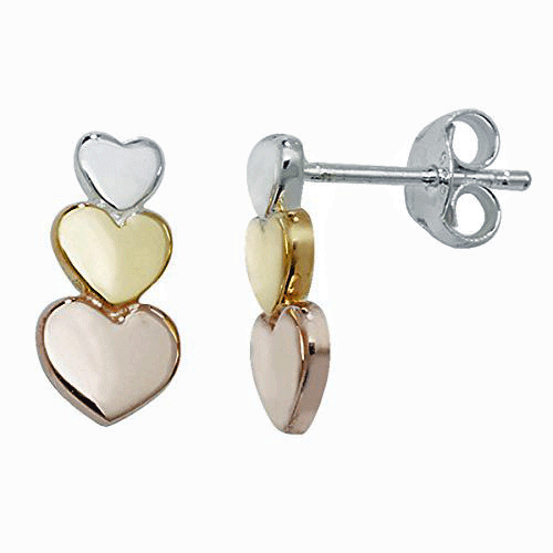 Silver 925 Three Hearts 3 Tone Stud Earrings - NiaYou Jewellery