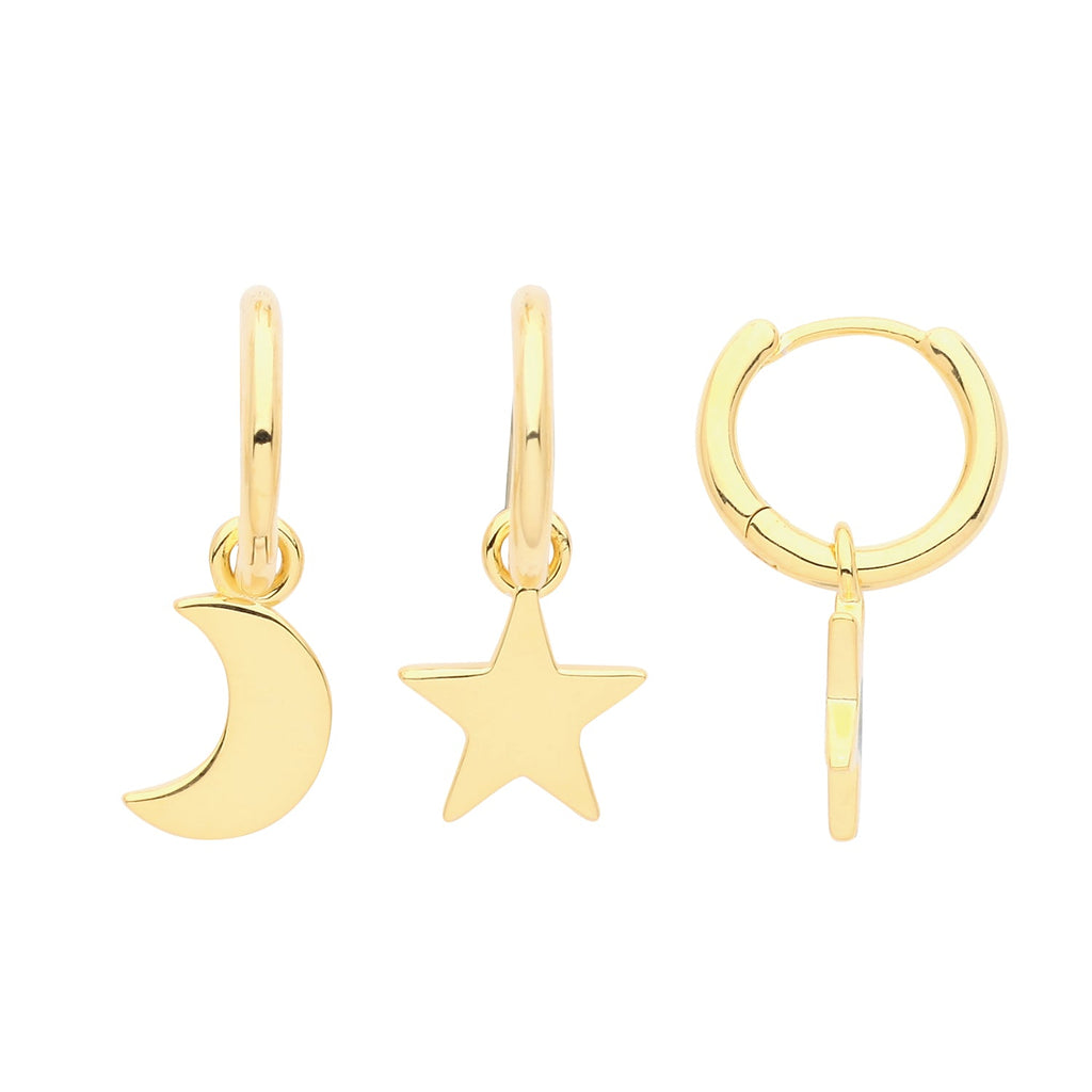 Silver 925 Yellow Gold Plated Moon and Star Drop Huggie Hoop Earrings - NiaYou Jewellery