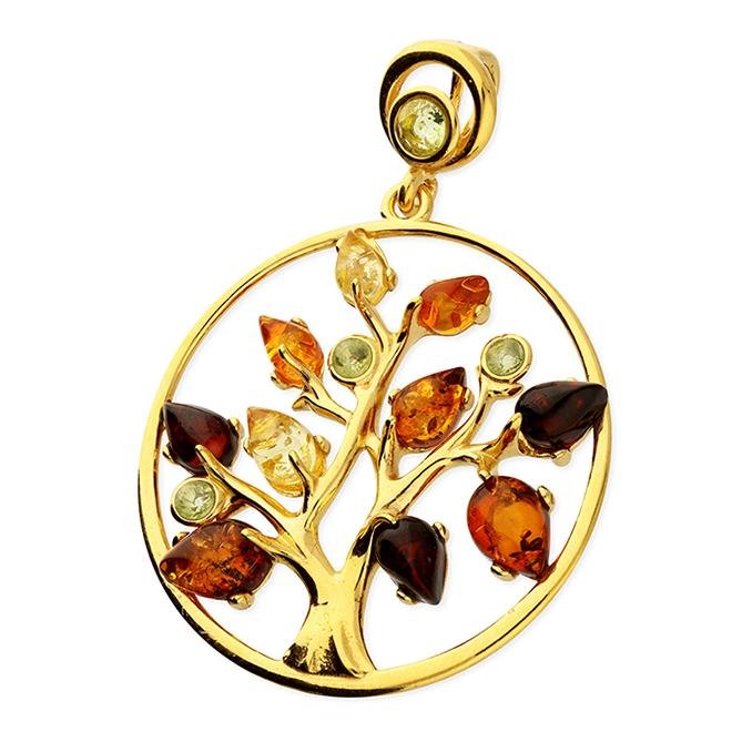 Silver 925 Yellow Gold Tree of Life with Amber Leaves Round Pendant - NiaYou Jewellery