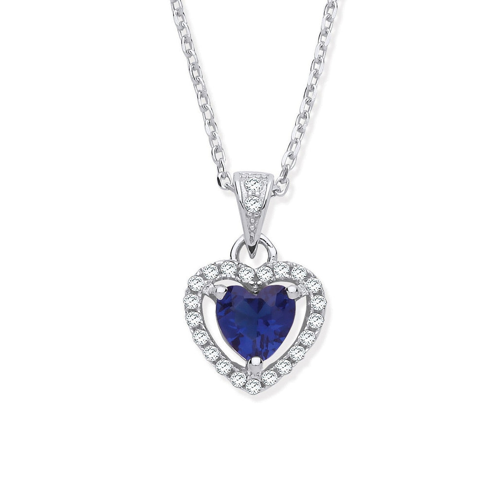 Silver Blue Sapphire CZ Halo Heart Pendant Necklace - NiaYou Jewellery