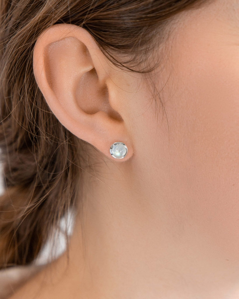 Sterling Silver 925 Round Rainbow Moonstone Stud Earrings - NiaYou Jewellery