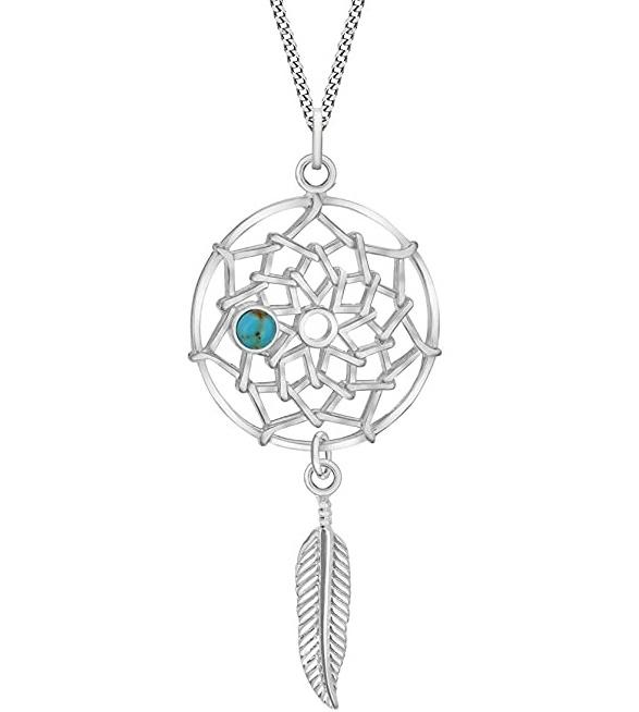 Sterling Silver 925 Turquoise Dreamcatcher Feather Pendant Necklace - NiaYou Jewellery