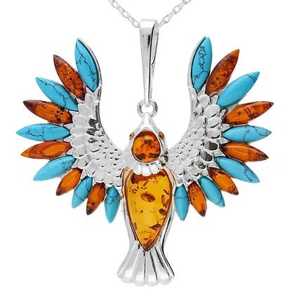 Sterling Silver Amber and Turquoise Phoenix Bird Pendant on Chain - NiaYou Jewellery