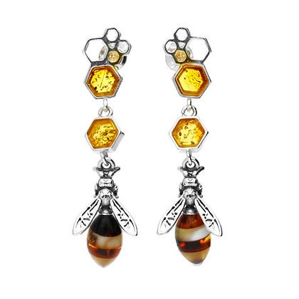 Sterling Silver Amber Bee Honeycomb Dangle Drop Earrings - NiaYou Jewellery